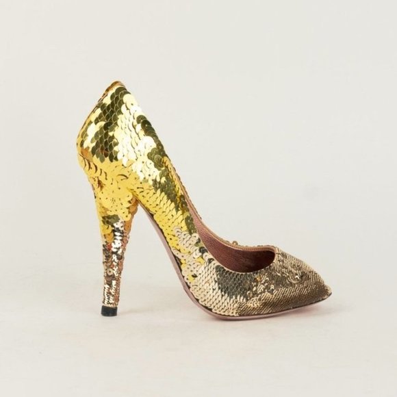 Miu Miu Gold Paillette Peep Toe Pumps - Picture 1 of 6